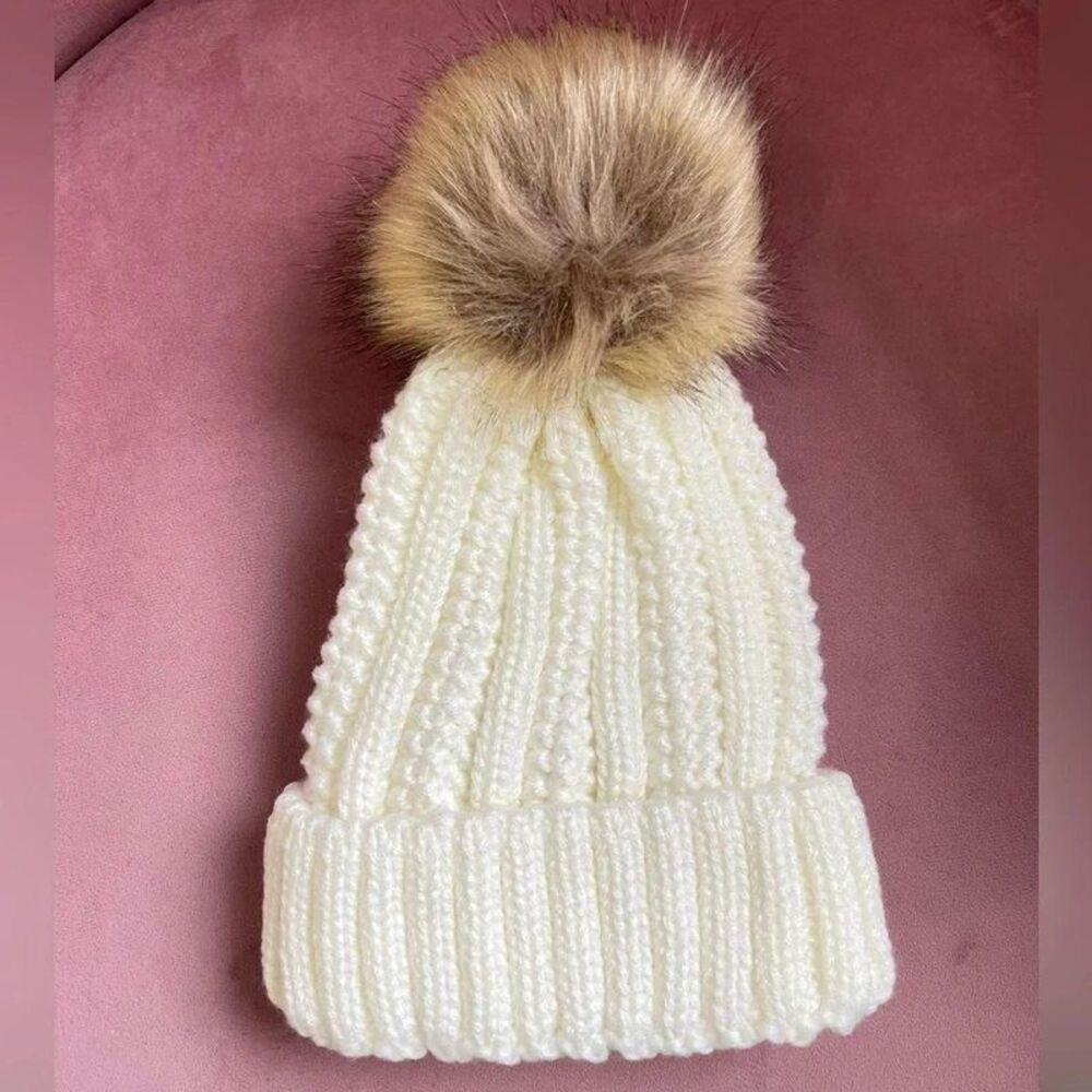 faux fur pom cuffed beanie cream pom pom hat